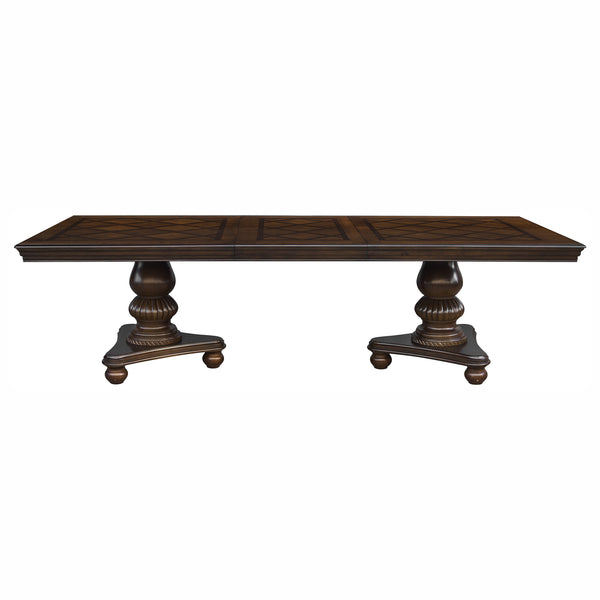 English Elm Traditional Elegant Dining Table with Double Pedestal, Parquet Veneer Top and Carved Molding Finish Brown Mix 84.25 L x 53.5 W x 8.25 H B011S00137