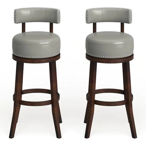 English Elm Sherly 30" Swivel Bar Stools Set of 2 — Dark Oak Solid Wood, Gray Leatherette, Nailhead Trim Comfort B01152174