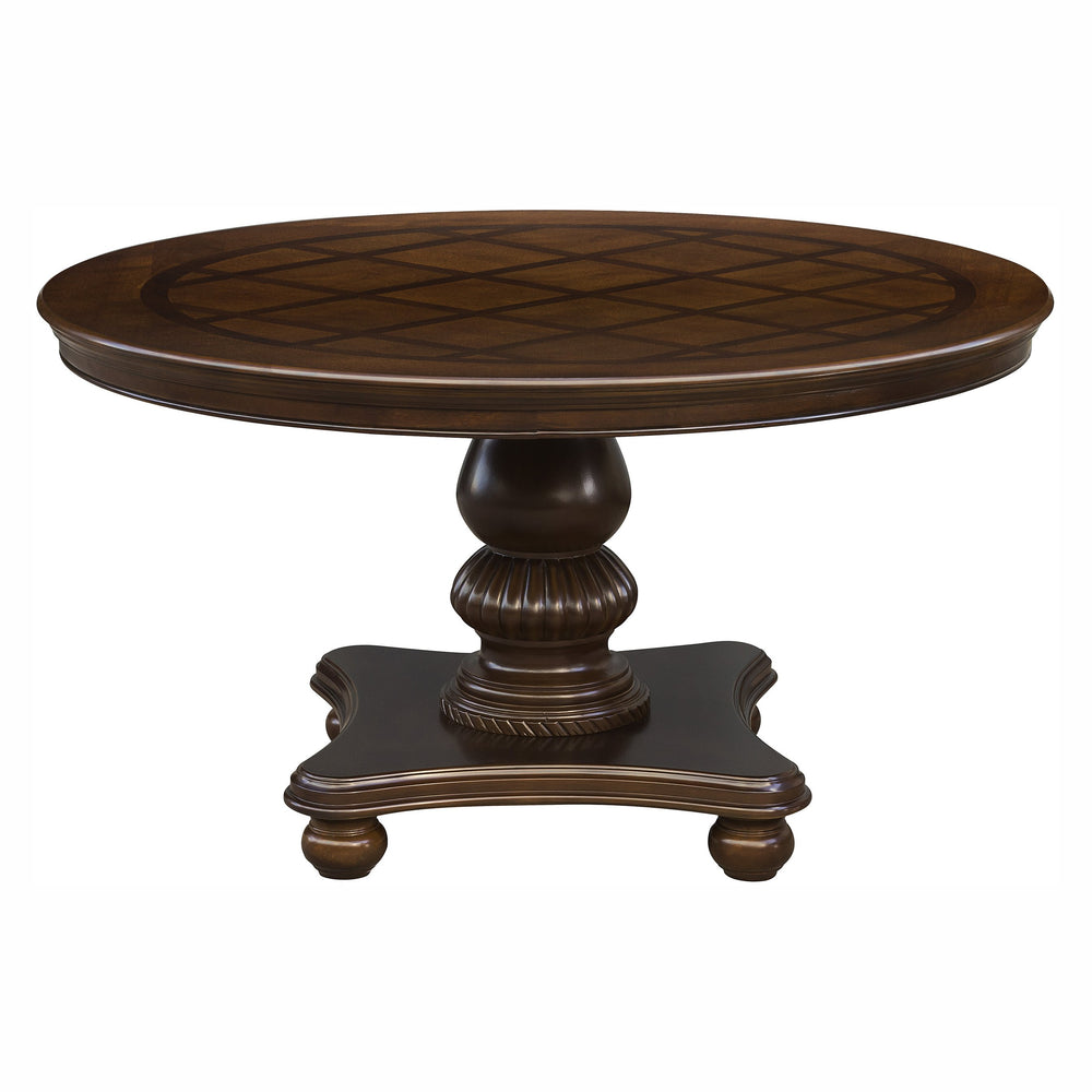 English Elm Traditional Elegant Dining Table with Double Pedestal, Parquet Veneer Top and Carved Molding Finish Brown Mix 57 L x 57 W x 5.5 H B011S00138