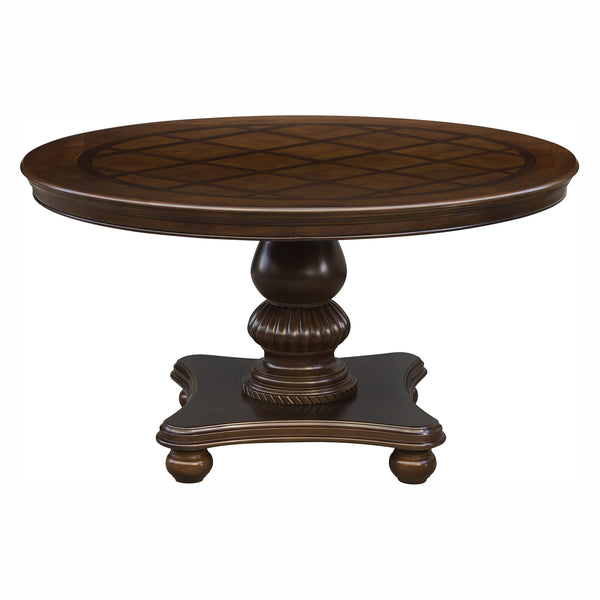 English Elm Traditional Elegant Dining Table with Double Pedestal, Parquet Veneer Top and Carved Molding Finish Brown Mix 57 L x 57 W x 5.5 H B011S00138