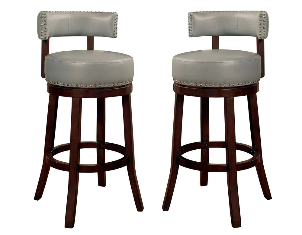 English Elm Sherly 30" Swivel Bar Stools Set of 2 — Dark Oak Solid Wood, Gray Leatherette, Nailhead Trim Comfort B01152174