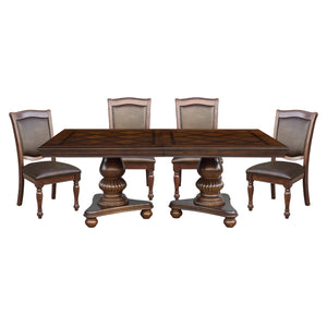 English Elm Traditional Elegant Dining Table with Double Pedestal, Parquet Veneer Top and Carved Molding Finish Brown Mix 84.25 L x 53.5 W x 8.25 H B011S00137