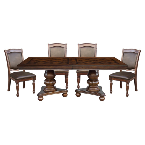 English Elm Traditional Elegant Dining Table with Double Pedestal, Parquet Veneer Top and Carved Molding Finish Brown Mix 84.25 L x 53.5 W x 8.25 H B011S00137