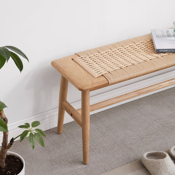 English Elm (1.1m) Handwoven Cane Seat Oak Bench Low Profile Frame for Bedroom or Entryway W128352203