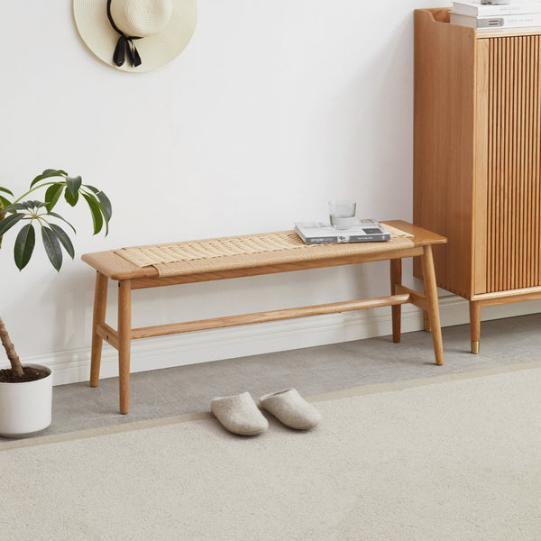 English Elm (1.1m) Handwoven Cane Seat Oak Bench Low Profile Frame for Bedroom or Entryway W128352203