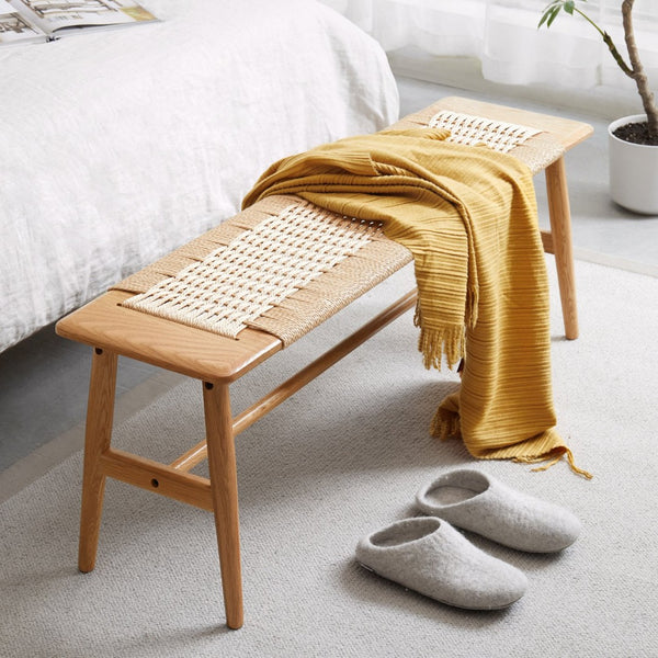 English Elm (1.1m) Handwoven Cane Seat Oak Bench Low Profile Frame for Bedroom or Entryway W128352203