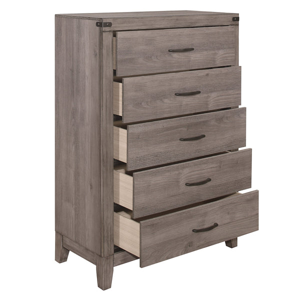 English Elm Brownish Industrial 5-Drawer Chest 34"x16"x48" Weathered Melamine Finish Dark Metal Rivet Accents B01152308