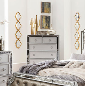 English Elm Modern Mirrored Chest of Drawers Silver Finish Embossed Bead-Molding Fronts Glamorous Storage 54"H B01152307