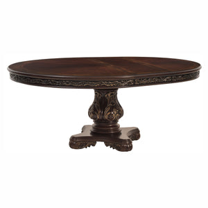 English Elm Beautiful Oval Pedestal Dining Table with Burl Inset, Gold Tipping, Extendable Leaf, Traditional Elegance Brown Mix 79 L x 63.25 W x 7 H B011S00139