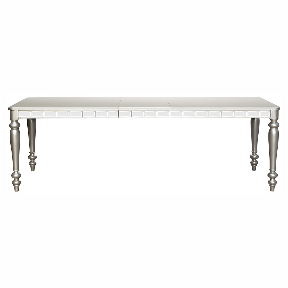 English Elm Glamourous Silver Finish Rectangular Dining Table with Extendable Leaf, Mirrored Apron, 42–96" Length B01152297
