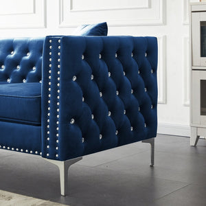 English Elm 82.3" Velvet Chesterfield Sofa Tufted Button Jeweled Nailhead Trim Chrome Legs Living Room W1117S00371