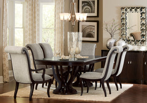 English Elm Contemporary Rectangular Double Pedestal Dining Table in Espresso Finish with 22" Extension Leaf, Birdcage Base B011S00140