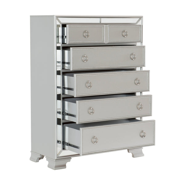 English Elm Modern Mirrored Chest of Drawers Silver Finish Embossed Bead-Molding Fronts Glamorous Storage 54"H B01152307