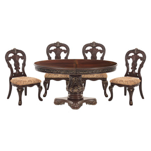 English Elm Beautiful Oval Pedestal Dining Table with Burl Inset, Gold Tipping, Extendable Leaf, Traditional Elegance Brown Mix 79 L x 63.25 W x 7 H B011S00139