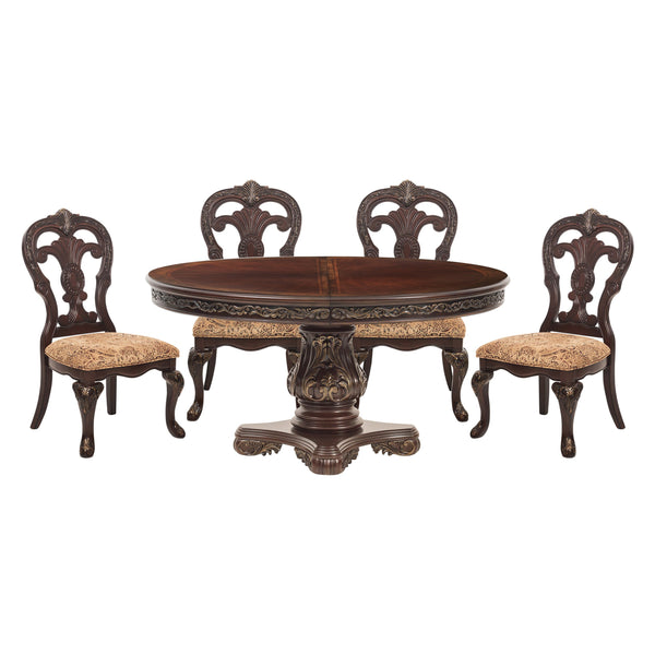 English Elm Beautiful Oval Pedestal Dining Table with Burl Inset, Gold Tipping, Extendable Leaf, Traditional Elegance Brown Mix 79 L x 63.25 W x 7 H B011S00139