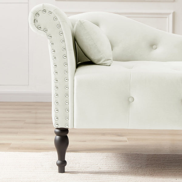 English Elm Aijia Velvet Chaise Lounge with Tufted Buttons, Nailhead Trim & Solid Wood Legs for Comfort White W111740823