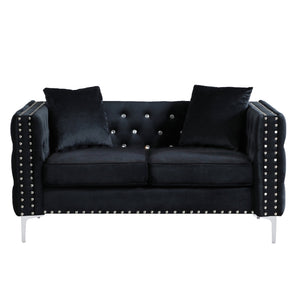English Elm 59.4 Inch Wide Black Velvet Sofa With Jeweled Tufting, Chrome Legs & 2 Cozy Throw Pillows For Glam Style W1117S00281