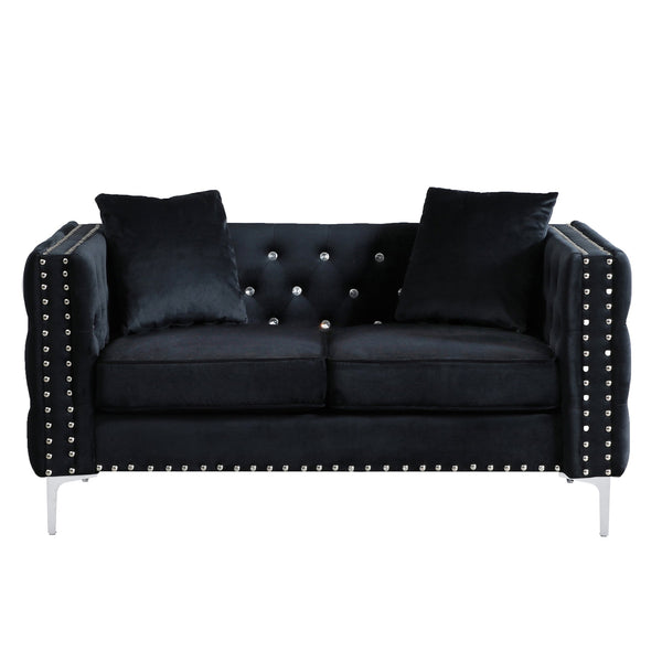English Elm 59.4 Inch Wide Black Velvet Sofa With Glamorous Jeweled Tufting, 2 Pillows & Chrome Legs For Style W1117S00006