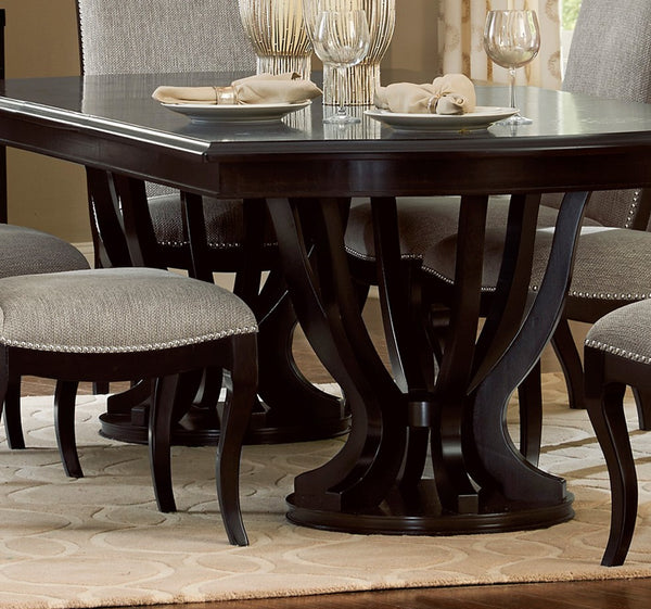 English Elm Contemporary Rectangular Double Pedestal Dining Table in Espresso Finish with 22" Extension Leaf, Birdcage Base B011S00140