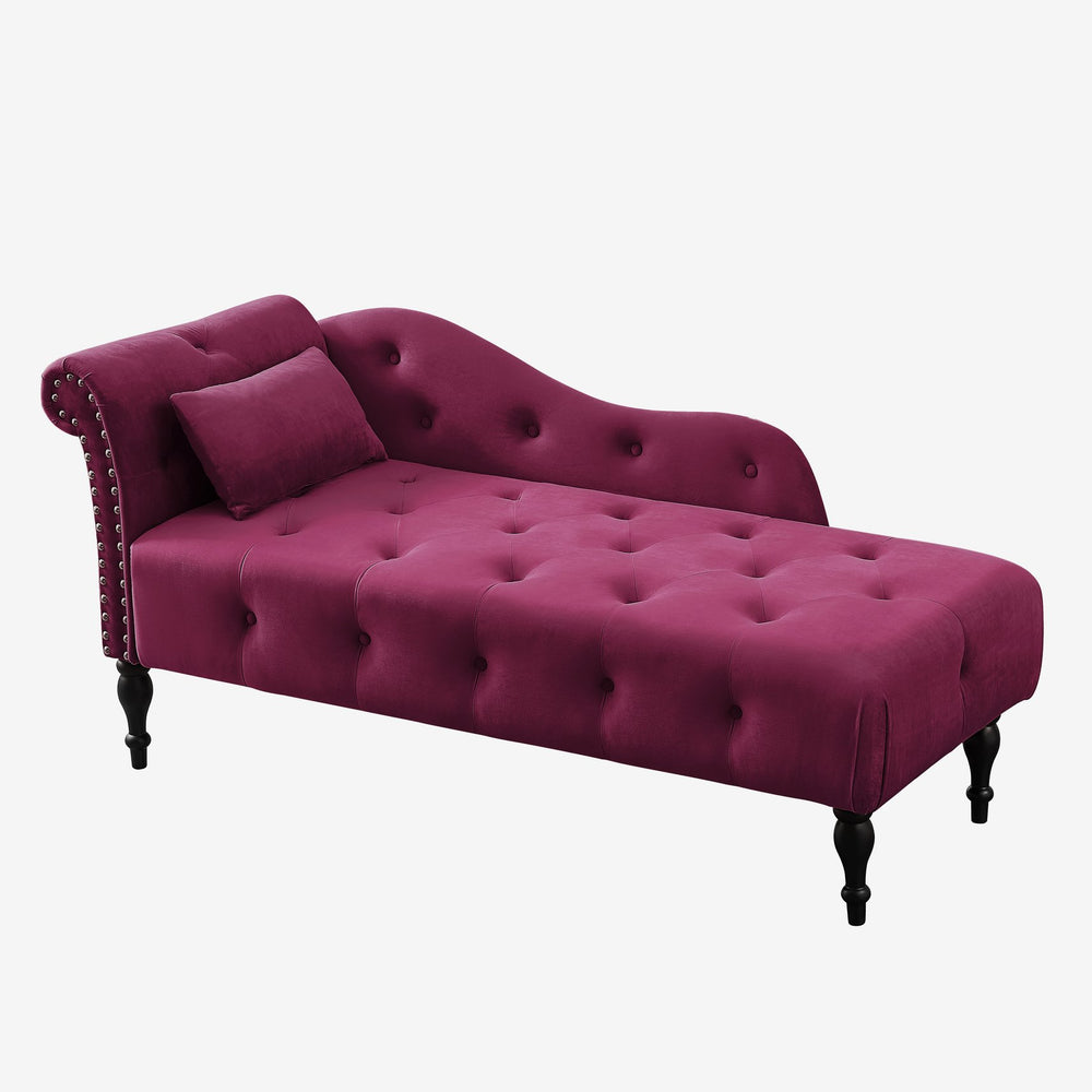 English Elm Aijia Velvet Chaise Lounge 60.6" Tufted Buttons Nailhead Trim Solid Wood Legs with Pillow, Burgundy W111738366