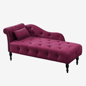 English Elm Aijia Velvet Chaise Lounge 60.6" Tufted Buttons Nailhead Trim Solid Wood Legs with Pillow, Burgundy W111738366