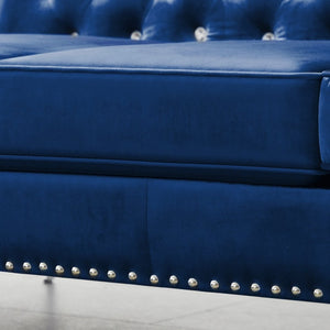 English Elm 82.3" Velvet Chesterfield Sofa Tufted Button Jeweled Nailhead Trim Chrome Legs Living Room W1117S00371