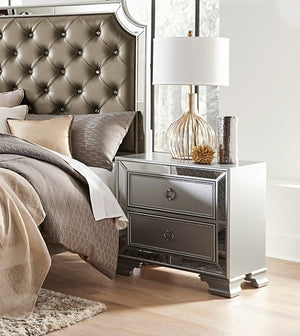 English Elm Modern Mirrored Nightstand with 2 Bead-Molding Drawers, Silver Drop Pulls, Textural Embossed Fronts, 28.25" x 17" x 27" B01152304