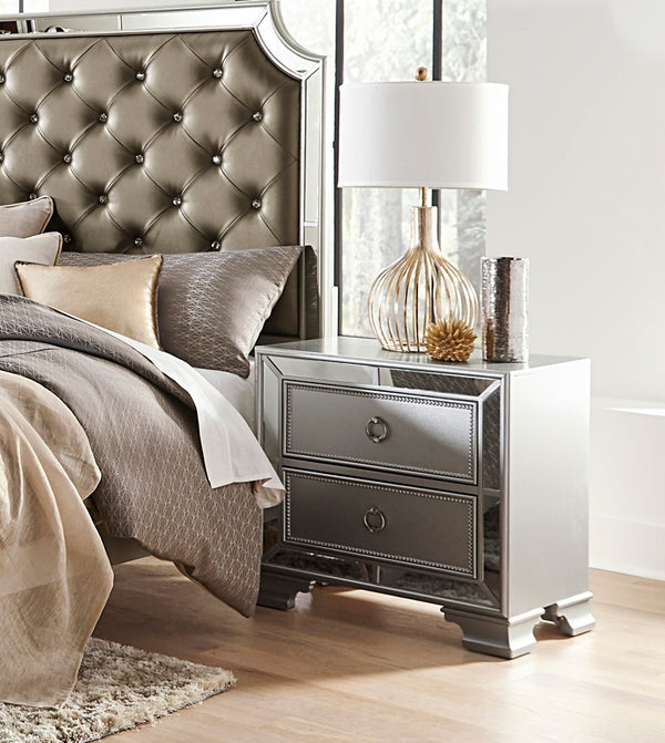 English Elm Modern Mirrored Nightstand with 2 Bead-Molding Drawers, Silver Drop Pulls, Textural Embossed Fronts, 28.25" x 17" x 27" B01152304