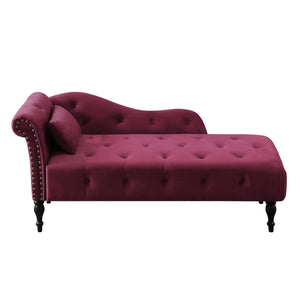 English Elm Aijia Velvet Chaise Lounge 60.6" Tufted Buttons Nailhead Trim Solid Wood Legs with Pillow, Burgundy W111738366