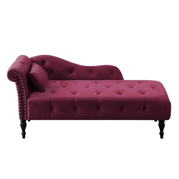 English Elm Aijia Velvet Chaise Lounge 60.6" Tufted Buttons Nailhead Trim Solid Wood Legs with Pillow, Burgundy W111738366