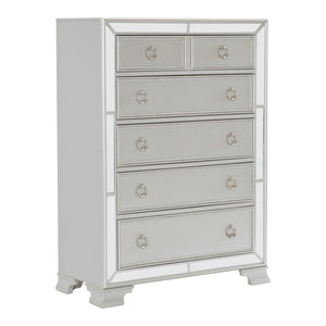 English Elm Modern Mirrored Chest of Drawers Silver Finish Embossed Bead-Molding Fronts Glamorous Storage 54"H B01152307