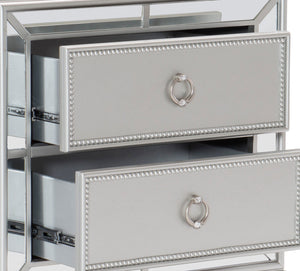 English Elm Modern Mirrored Nightstand with 2 Bead-Molding Drawers, Silver Drop Pulls, Textural Embossed Fronts, 28.25" x 17" x 27" B01152304