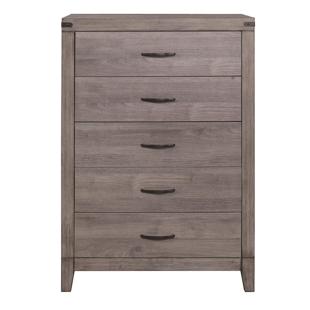English Elm Brownish Industrial 5-Drawer Chest 34"x16"x48" Weathered Melamine Finish Dark Metal Rivet Accents B01152308