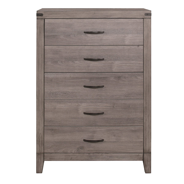 English Elm Brownish Industrial 5-Drawer Chest 34"x16"x48" Weathered Melamine Finish Dark Metal Rivet Accents B01152308