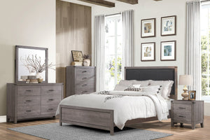 English Elm Brownish Gray Queen Bed Black Faux Leather Headboard Industrial Rivet Melamine Frame B011S00240