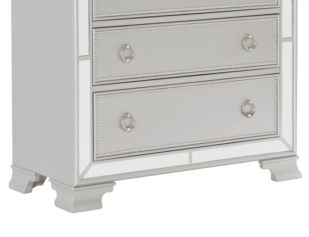 English Elm Modern Mirrored Chest of Drawers Silver Finish Embossed Bead-Molding Fronts Glamorous Storage 54"H B01152307