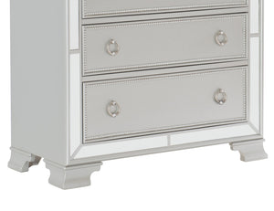 English Elm Modern Mirrored Chest of Drawers Silver Finish Embossed Bead-Molding Fronts Glamorous Storage 54"H B01152307