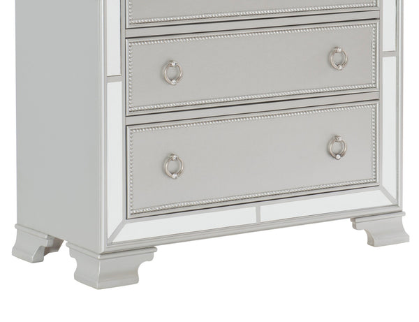 English Elm Modern Mirrored Chest of Drawers Silver Finish Embossed Bead-Molding Fronts Glamorous Storage 54"H B01152307