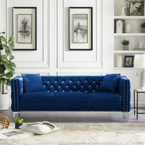 English Elm 82.3" Velvet Chesterfield Sofa Tufted Button Jeweled Nailhead Trim Chrome Legs Living Room W1117S00371