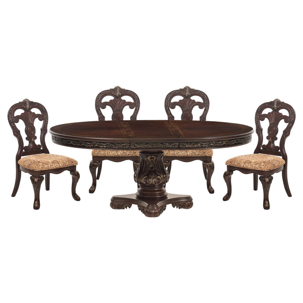 English Elm Beautiful Oval Pedestal Dining Table with Burl Inset, Gold Tipping, Extendable Leaf, Traditional Elegance Brown Mix 79 L x 63.25 W x 7 H B011S00139