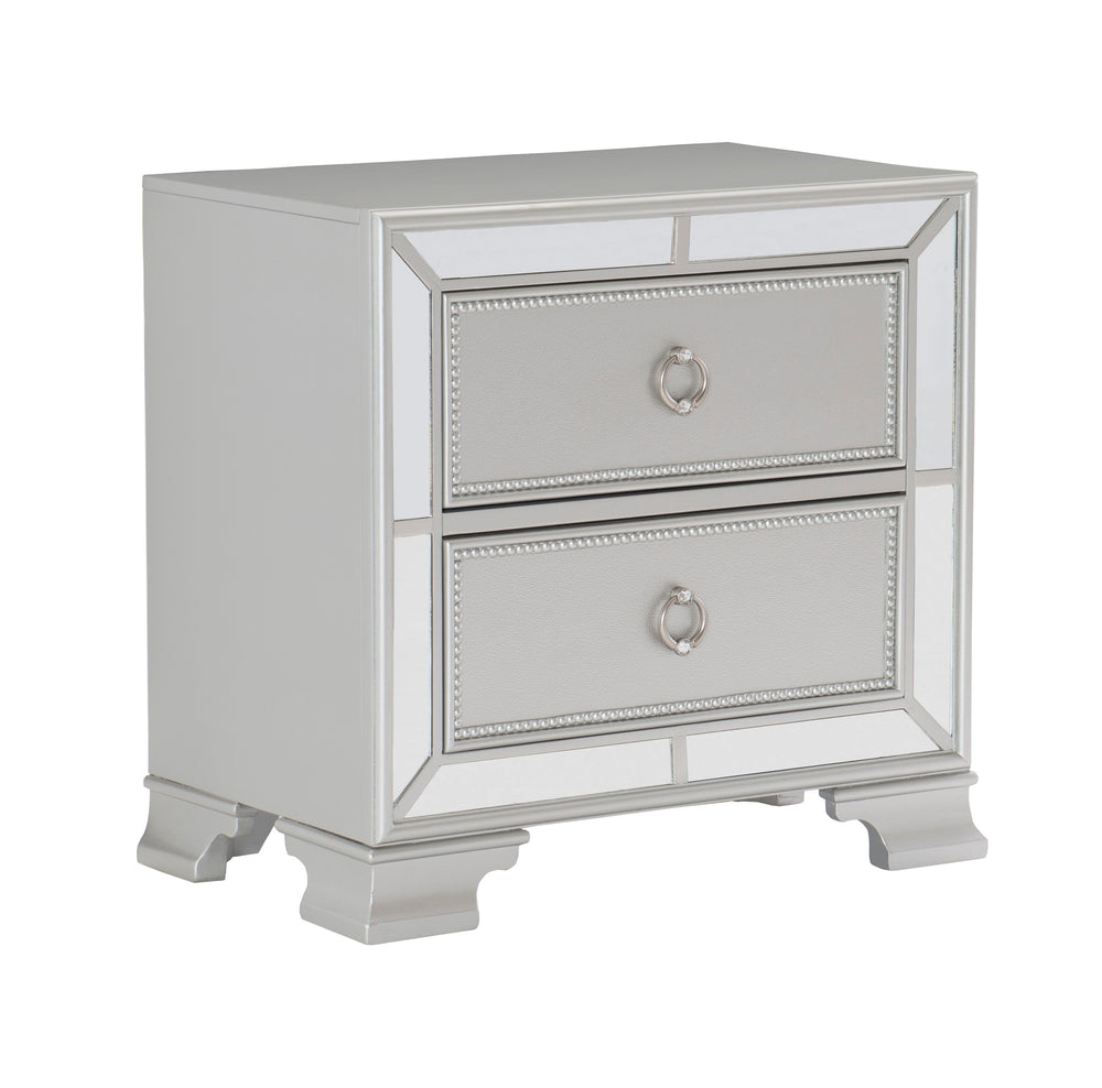 English Elm Modern Mirrored Nightstand with 2 Bead-Molding Drawers, Silver Drop Pulls, Textural Embossed Fronts, 28.25" x 17" x 27" B01152304