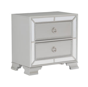 English Elm Modern Mirrored Nightstand with 2 Bead-Molding Drawers, Silver Drop Pulls, Textural Embossed Fronts, 28.25" x 17" x 27" B01152304