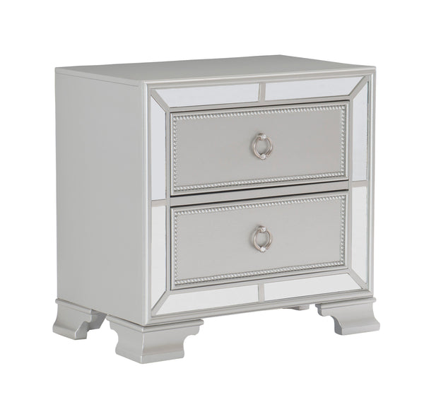 English Elm Modern Mirrored Nightstand with 2 Bead-Molding Drawers, Silver Drop Pulls, Textural Embossed Fronts, 28.25" x 17" x 27" B01152304