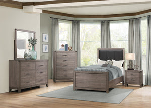 English Elm Brownish Twin Panel Bed with Faux Leather Headboard, Industrial Rivet Accents and Weathered Wood Look Brown+Gray 44.75 L x 34 W x 5.5 H B011S01348