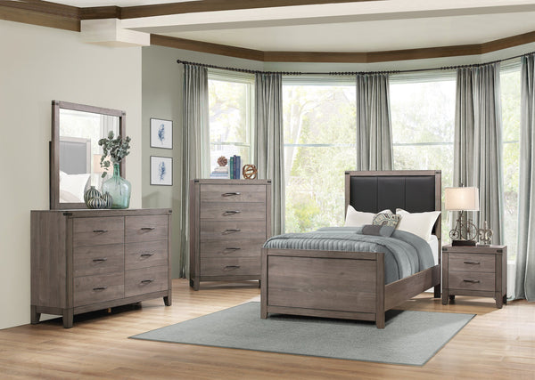 English Elm Brownish Twin Panel Bed with Faux Leather Headboard, Industrial Rivet Accents and Weathered Wood Look Brown+Gray 44.75 L x 34 W x 5.5 H B011S01348