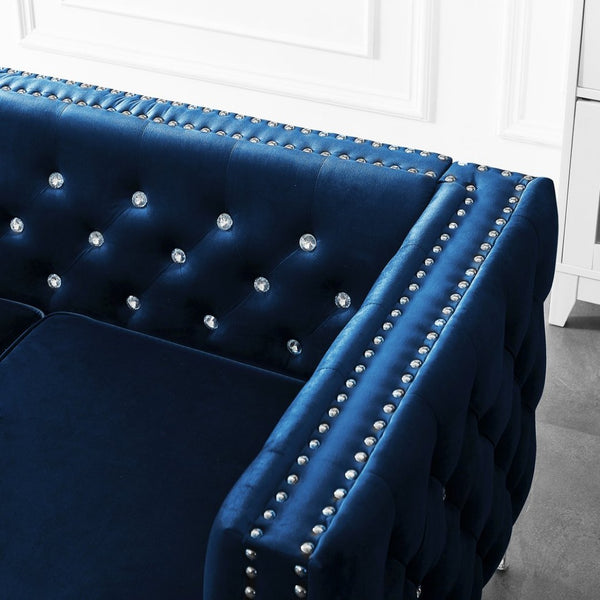 English Elm 82.3" Velvet Chesterfield Sofa Tufted Button Jeweled Nailhead Trim Chrome Legs Living Room W1117S00371