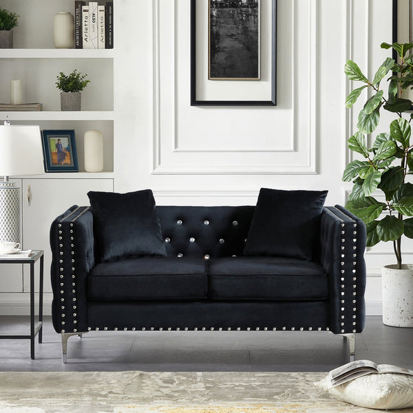 English Elm 59.4 Inch Wide Black Velvet Sofa With Glamorous Jeweled Tufting, 2 Pillows & Chrome Legs For Style W1117S00006