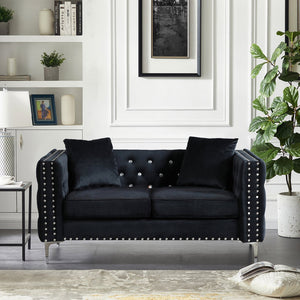 English Elm 59.4 Inch Wide Black Velvet Sofa With Jeweled Tufting, Chrome Legs & 2 Cozy Throw Pillows For Glam Style W1117S00281