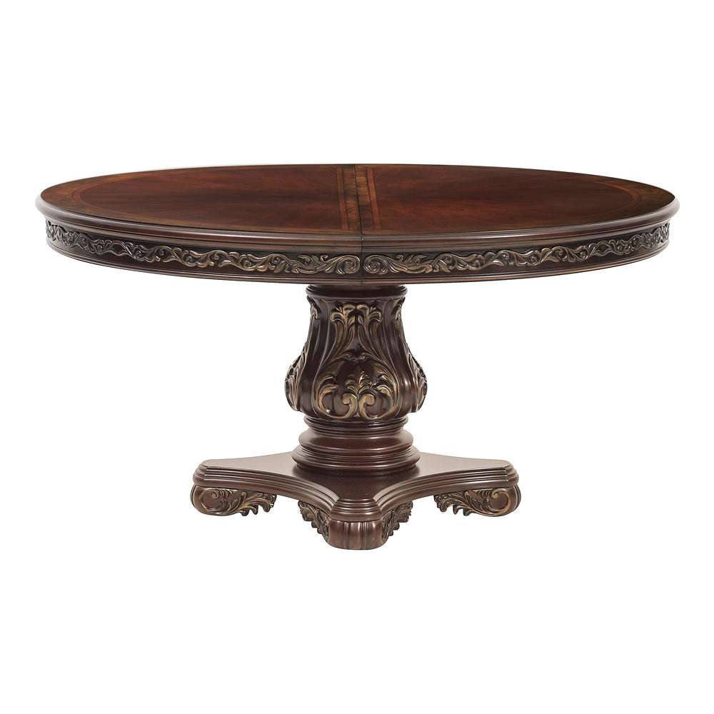 English Elm Beautiful Oval Pedestal Dining Table with Burl Inset, Gold Tipping, Extendable Leaf, Traditional Elegance Brown Mix 79 L x 63.25 W x 7 H B011S00139