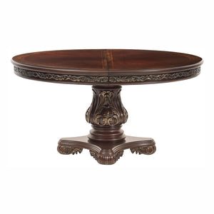 English Elm Beautiful Oval Pedestal Dining Table with Burl Inset, Gold Tipping, Extendable Leaf, Traditional Elegance Brown Mix 79 L x 63.25 W x 7 H B011S00139